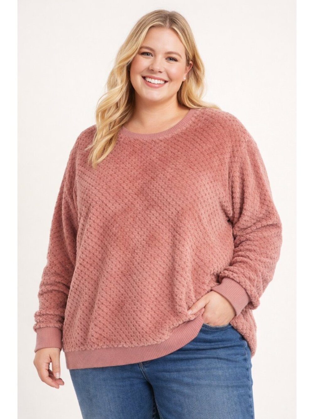 Blair Pullover Sweater XL Pink Plush Fuzzy Popcorn Fleece Crewneck Loungewear